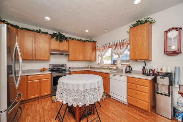 kitchen with under cabinet range hood, light wood-type flooring, appliances with stainless steel finishes, and a sink
