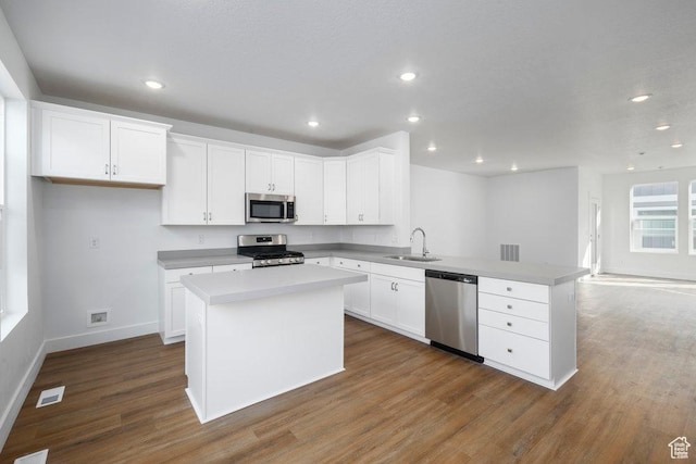 kitchen featuring visible vents, a peninsula, a sink, stainless steel appliances, and dark wood-type flooring