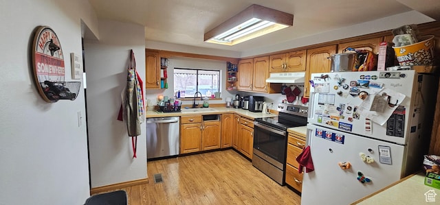 1433 W 2060 N, Helper, UT 84526 - kitchen with appliances with stainless steel finishes, under cabinet range hood, a sink, light countertops, and light wood-style flooring