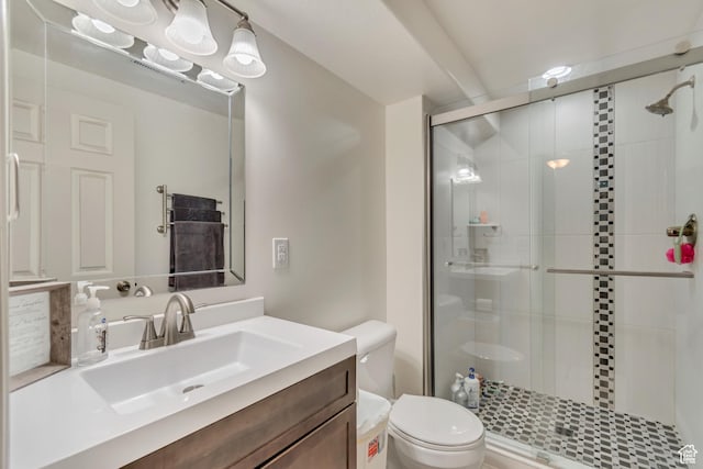 full bathroom featuring vanity, a shower stall, and toilet