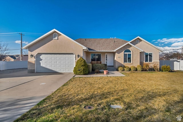 single story home with brick siding, an attached garage, a front lawn, fence, and driveway