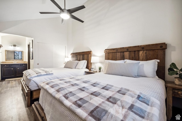 2025 Canyons Resort Dr Unit R8, Park City, UT 84060 - bedroom with light wood-style flooring, connected bathroom, a ceiling fan, and high vaulted ceiling
