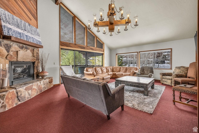 2025 Canyons Resort Dr Unit R8, Park City, UT 84060 - carpeted living room featuring high vaulted ceiling, a chandelier, and a fireplace
