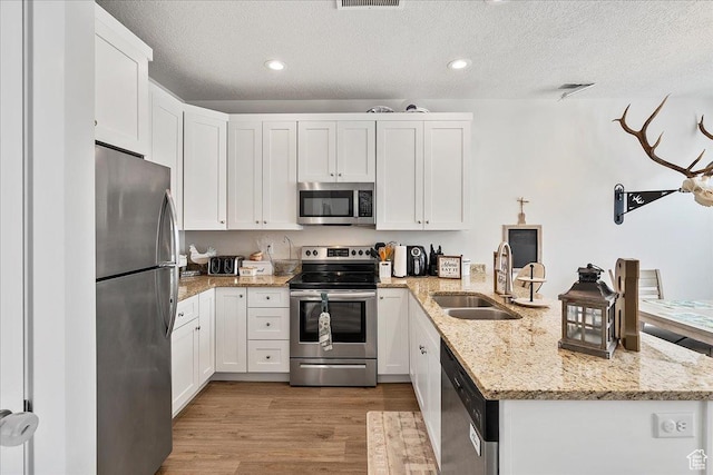 292 N 100 W, Morgan, UT 84050 - kitchen featuring a peninsula, light wood-style flooring, a sink, stainless steel appliances, and white cabinets