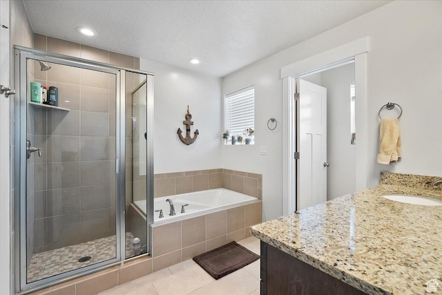 292 N 100 W, Morgan, UT 84050 - bathroom with tile patterned floors, a textured ceiling, a stall shower, and a bath