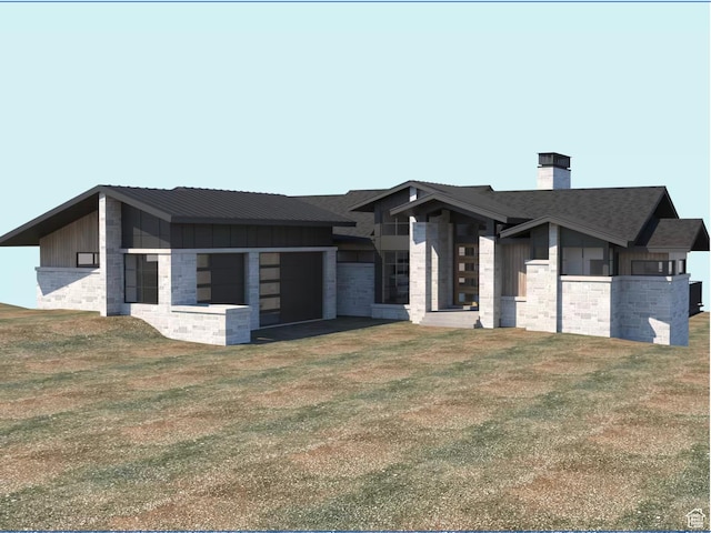 2127 E Peak Dr, Hideout, UT 84036 - modern home with board and batten siding, a front lawn, a garage, and a chimney