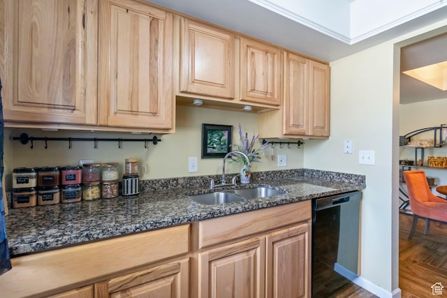 5809 S Waterbury Dr Unit D, Murray, UT 84121 - kitchen featuring light brown cabinetry, a sink, dark stone countertops, black dishwasher, and baseboards