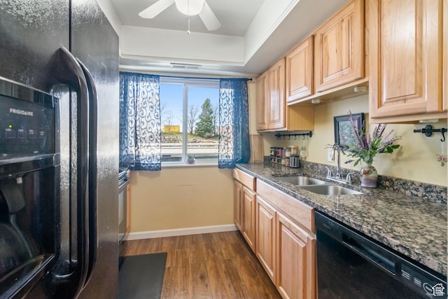 5809 S Waterbury Dr Unit D, Murray, UT 84121 - kitchen featuring dark wood-type flooring, baseboards, black appliances, a ceiling fan, and a sink