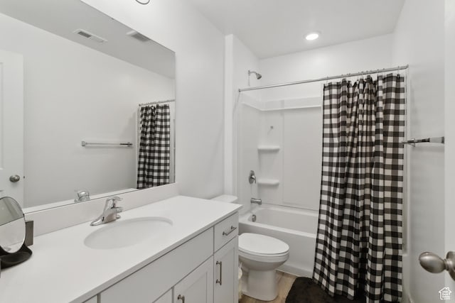 1722 E Muss Dr, Eagle Mountain, UT 84005 - bathroom with visible vents, shower / bathtub combination with curtain, toilet, wood finished floors, and vanity