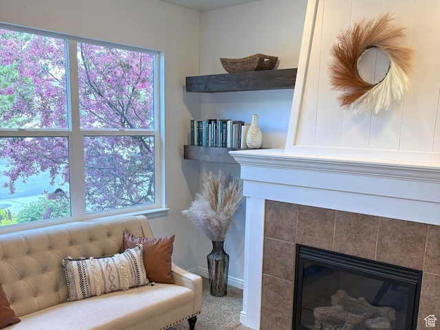 detailed view of a fireplace, carpet floors, and baseboards