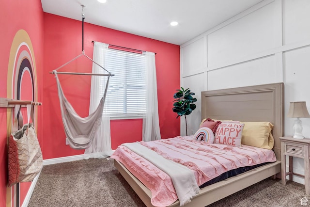 carpeted bedroom with baseboards and recessed lighting