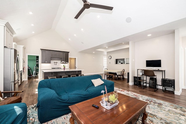 1959 E Deer Crest Cir N, Logan, UT 84341 - living area with high vaulted ceiling, dark wood-style floors, baseboards, and ceiling fan