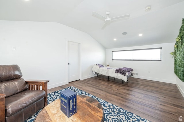 1959 E Deer Crest Cir N, Logan, UT 84341 - bedroom with a ceiling fan, lofted ceiling, wood finished floors, and baseboards