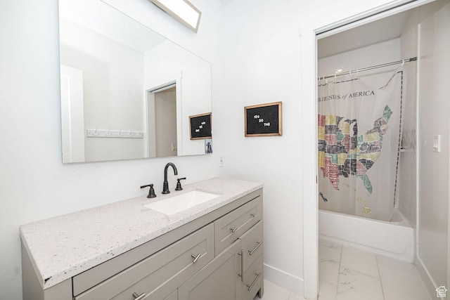 1959 E Deer Crest Cir N, Logan, UT 84341 - full bath with vanity, shower / bath combination with curtain, baseboards, and marble finish floor