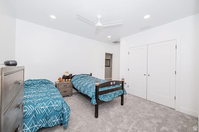 1959 E Deer Crest Cir N, Logan, UT 84341 - carpeted bedroom featuring a closet, visible vents, recessed lighting, and a ceiling fan