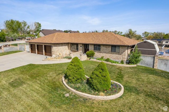 3902 W Angus Dr, South Jordan, UT 84009 - ranch-style home with concrete driveway, a garage, brick siding, and a front lawn