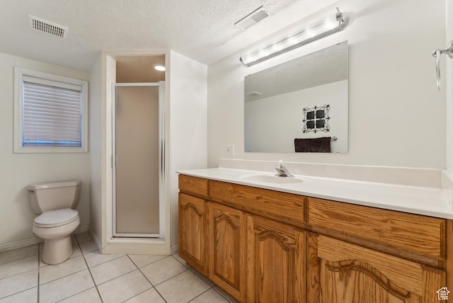 3902 W Angus Dr, South Jordan, UT 84009 - bathroom with a shower stall, toilet, tile patterned flooring, vanity, and a textured ceiling