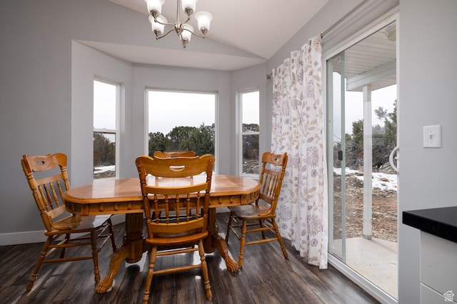 46501 W Bandanna Dr, Fruitland, UT 84027 - dining room featuring an inviting chandelier, baseboards, lofted ceiling, and wood finished floors
