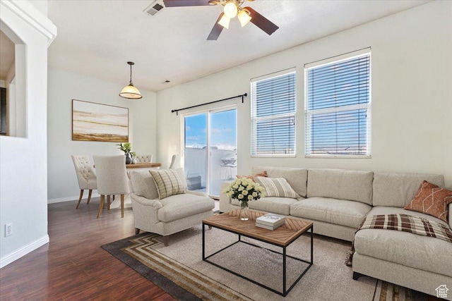 173 E Irisfield Dr S, Draper, UT 84020 - living room with dark wood-type flooring, ceiling fan, and baseboards