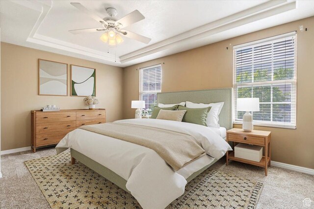 173 E Irisfield Dr S, Draper, UT 84020 - bedroom featuring a raised ceiling, light carpet, multiple windows, and baseboards