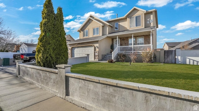 view of front of home featuring stucco siding, stone siding, a porch, fence, and a garage