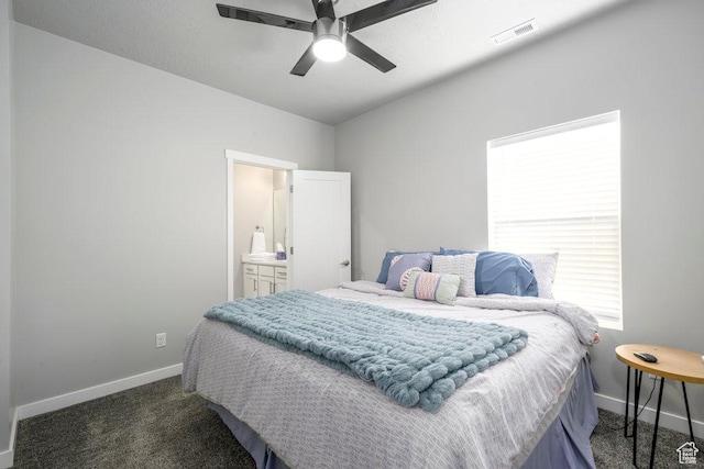 4268 S Steele Creek Ct E, Millcreek, UT 84107 - carpeted bedroom with baseboards, lofted ceiling, ceiling fan, and connected bathroom
