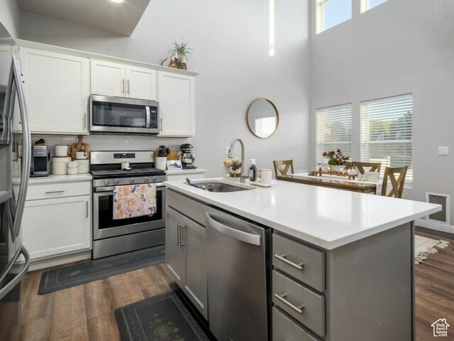 4268 S Steele Creek Ct E, Millcreek, UT 84107 - kitchen with stainless steel appliances, a sink, gray cabinetry, dark wood-style floors, and a towering ceiling