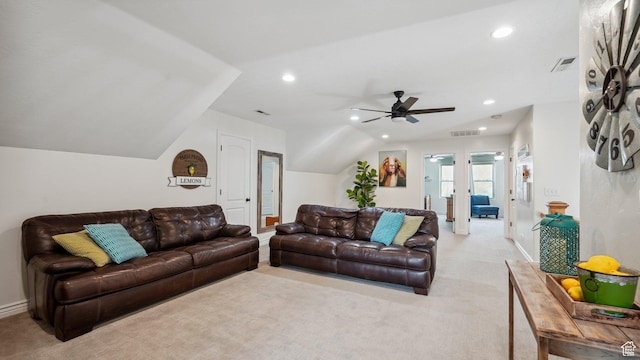 125 N 1430 E, Spanish Fork, UT 84660 - living room featuring recessed lighting, vaulted ceiling, light carpet, baseboards, and a ceiling fan