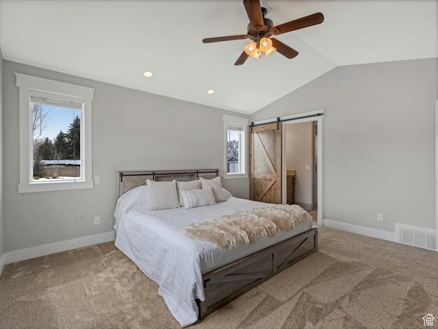 361 W 200 N, Heber City, UT 84032 - carpeted bedroom with vaulted ceiling, baseboards, recessed lighting, a barn door, and a ceiling fan