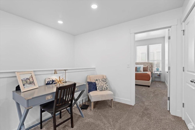office area with recessed lighting, baseboards, and carpet floors