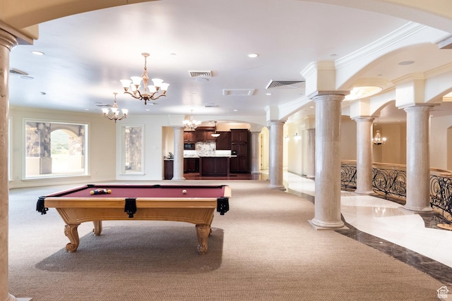 8272 Left Fork Hobble Creek Rd, Springville, UT 84663 - recreation room with visible vents, light colored carpet, ornamental molding, and decorative columns
