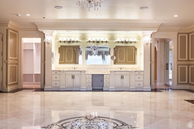 8272 Left Fork Hobble Creek Rd, Springville, UT 84663 - full bath featuring a notable chandelier, marble finish floor, ornamental molding, and vanity