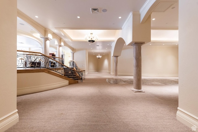 8272 Left Fork Hobble Creek Rd, Springville, UT 84663 - carpeted foyer with baseboards, visible vents, ornate columns, recessed lighting, and ornamental molding