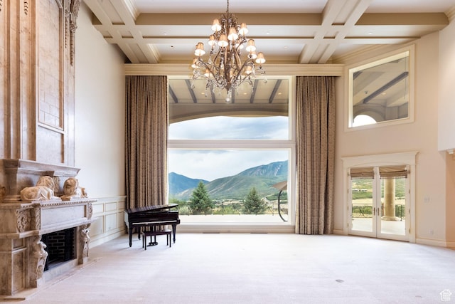 8272 Left Fork Hobble Creek Rd, Springville, UT 84663 - living area with beamed ceiling, carpet flooring, a fireplace, and coffered ceiling