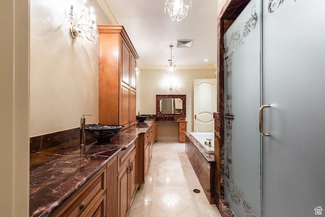 8272 Left Fork Hobble Creek Rd, Springville, UT 84663 - full bathroom with visible vents, a garden tub, double vanity, ornamental molding, and a sink