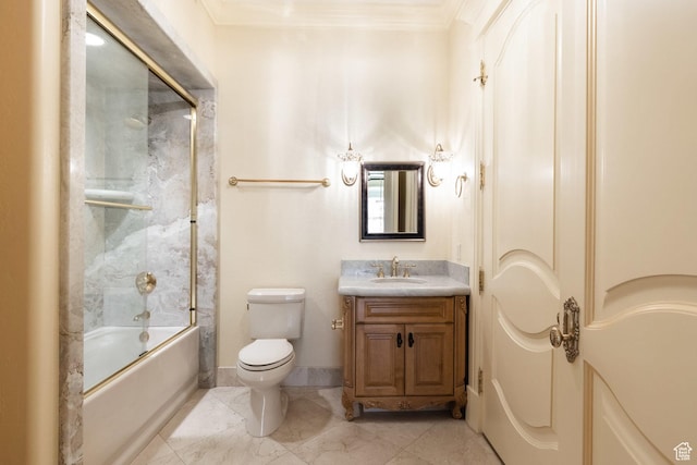 8272 Left Fork Hobble Creek Rd, Springville, UT 84663 - bathroom featuring toilet, ornamental molding, baseboards, bath / shower combo with glass door, and vanity