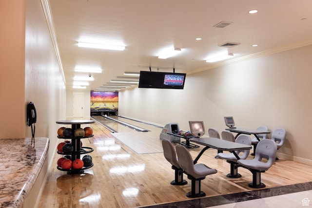 8272 Left Fork Hobble Creek Rd, Springville, UT 84663 - rec room featuring bowling, wood finished floors, visible vents, and ornamental molding