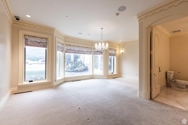 8272 Left Fork Hobble Creek Rd, Springville, UT 84663 - unfurnished dining area featuring visible vents, an inviting chandelier, carpet, and ornamental molding