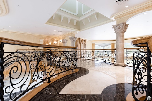 8272 Left Fork Hobble Creek Rd, Springville, UT 84663 - hallway featuring decorative columns, marble finish floor, visible vents, and ornamental molding