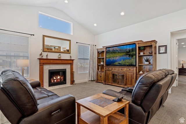 1251 N 2525 W, Clinton, UT 84015 - living area featuring light carpet, recessed lighting, a fireplace, and high vaulted ceiling