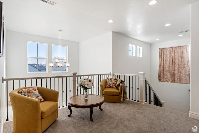 1251 N 2525 W, Clinton, UT 84015 - living area featuring visible vents, a chandelier, an upstairs landing, carpet flooring, and recessed lighting