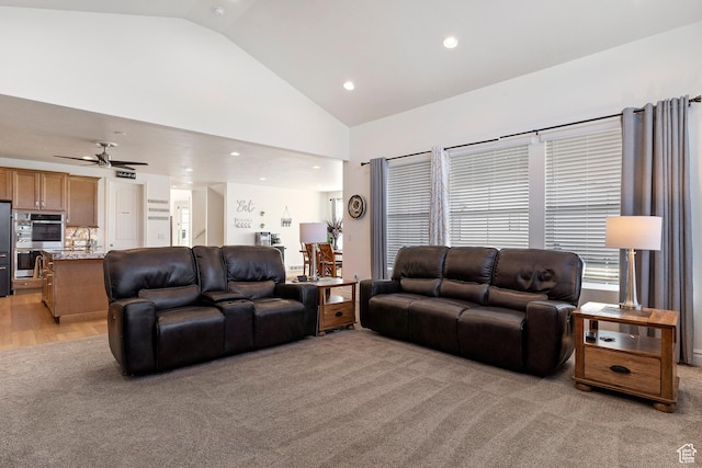 1251 N 2525 W, Clinton, UT 84015 - living area featuring recessed lighting, a ceiling fan, light colored carpet, and high vaulted ceiling