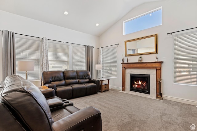 1251 N 2525 W, Clinton, UT 84015 - carpeted living room featuring a tiled fireplace, recessed lighting, high vaulted ceiling, and baseboards