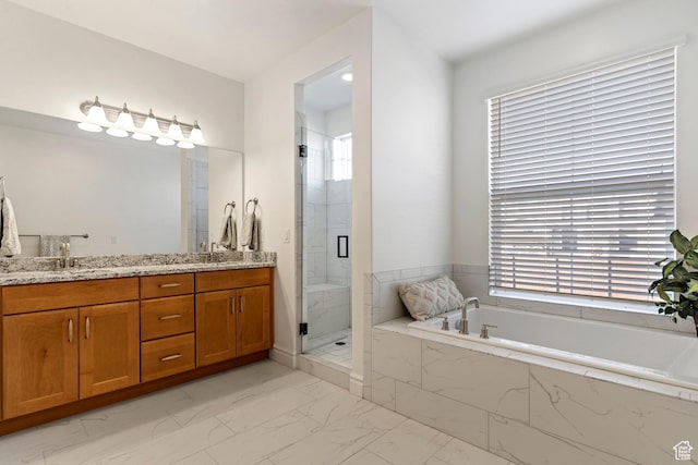 1251 N 2525 W, Clinton, UT 84015 - full bath featuring a garden tub, marble finish floor, a sink, a shower stall, and double vanity