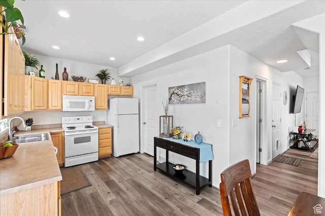 14488 S Stone Stream St W, Herriman, UT 84096 - kitchen featuring light brown cabinetry, a sink, wood finished floors, white appliances, and light countertops
