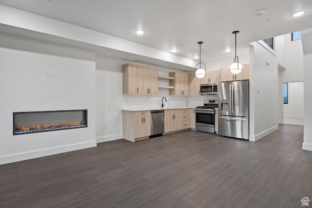 3884 N 4975 E Unit B207, Eden, UT 84310 - kitchen featuring stainless steel appliances, light countertops, open shelves, light brown cabinets, and modern cabinets