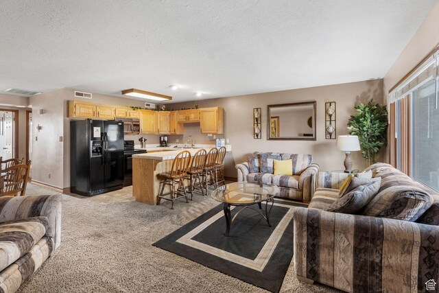 1845 W Canyon Dr S Unit 1610, St George, UT 84770 - living room featuring light carpet, baseboards, visible vents, and a textured ceiling
