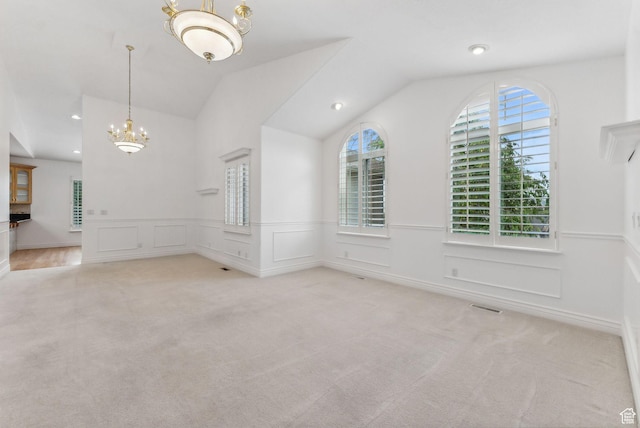 710 E Ridge Crest Ct S, Alpine, UT 84004 - interior space with visible vents, a wainscoted wall, a notable chandelier, recessed lighting, and vaulted ceiling