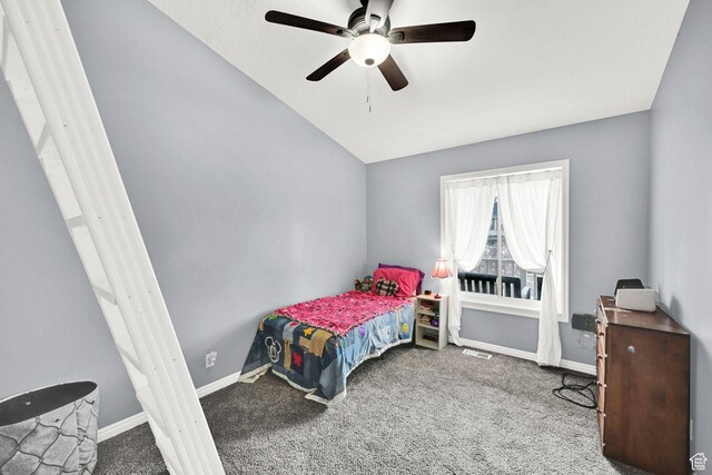 1461 E Antelope Dr, Layton, UT 84040 - bedroom with vaulted ceiling, visible vents, carpet floors, baseboards, and ceiling fan