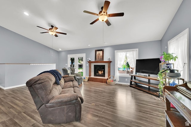 1461 E Antelope Dr, Layton, UT 84040 - living area featuring lofted ceiling, a ceiling fan, baseboards, and wood finished floors